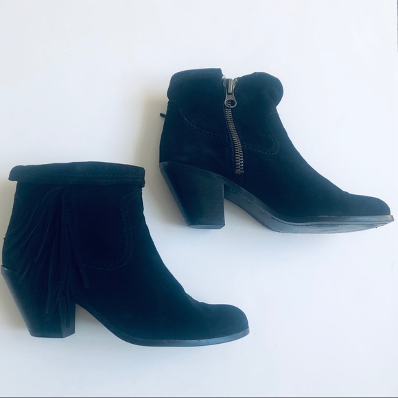 Sam Edelman Louie Black Suede Ankle Zip Bootie Fringe Western - Picture 4 of 9